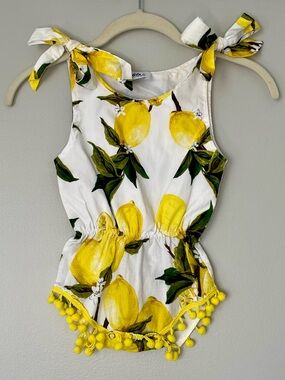Lola + the Boys Lemon Print Romper with Matching Headband